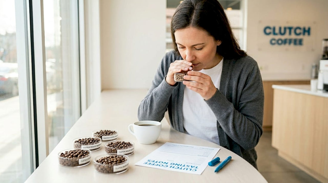 Coffee enthusiast sampling beans at window table
